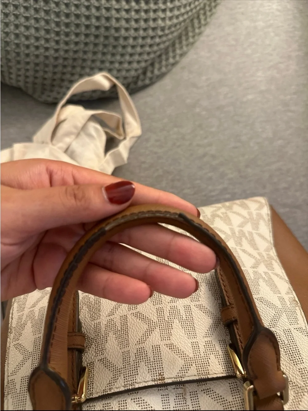 Michael Kors Cream Logo and Brown Leather Satchel